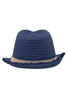 A trendy summer hat in navy blue with a textured design and a frayed brim. It features a band around the base.