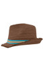 A brown straw hat featuring a frayed edge and colourful bands in blue and natural tones.