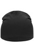 A black jersey beanie with a smooth, fitted design. It features a simple style and a plain surface.