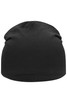 A black jersey beanie with a smooth, seamless design and a snug fit, featuring a logo.