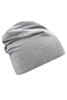 A lightweight grey beanie with a slouchy design and soft fabric, featuring a logo.