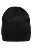 A black knitted hat with a ribbed texture and a soft finish. It features a logo on one side.