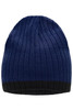 A knitted hat in blue with a black brim, featuring a ribbed texture and a logo.