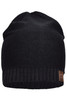 A black cotton beanie hat with a ribbed edge and a logo on the side.