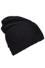 A black cotton hat with a slouchy design and ribbed band at the bottom. It features a logo on the side.