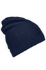 A navy cotton hat with a slouchy design and a ribbed band at the bottom, featuring a logo.