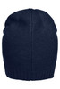 A navy cotton beanie with a ribbed edge and a knitted texture, featuring a logo on the side.