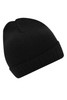 A black knitted beanie with a ribbed cuff and a soft texture. It features a logo on the side.