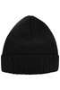 A black knitted beanie with a ribbed fold-over cuff and a smooth top. It features a logo on the side.