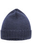 A basic knitted beanie in dark navy with a ribbed cuff and textured body. It features a logo on one side.