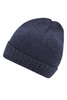 A dark navy knitted beanie with a ribbed texture and a fold-up brim. It features a logo on the side.