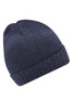 A basic knitted beanie in dark navy, featuring a ribbed design and a folded brim.
