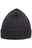 A dark grey knitted beanie featuring a ribbed design and a folded cuff. It has a logo on the side.