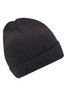A dark grey knitted beanie with a ribbed brim and a soft texture. It has a logo on the side.