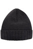 A black knitted beanie with a ribbed cuff and a smooth top. The beanie features a logo.