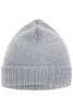 A grey knitted beanie featuring a ribbed design and a folded cuff. It includes a logo on the side.