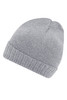 A grey knitted beanie with a ribbed cuff, displayed at a slight angle.