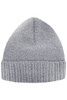 A grey knitted beanie with a ribbed cuff, featuring a logo on the side.