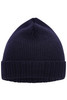 A navy blue knitted beanie with a ribbed cuff and a seamless top. Features a logo on the side.