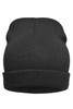 A black knitted beanie with a ribbed texture and a fold-up cuff. It features a logo on the side.