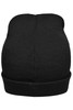 A black knitted beanie with a rolled cuff, featuring a simple design and a visible logo on the band.