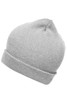 A grey knitted beanie with a cuffed hem and a pointed top, featuring a logo.