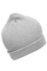 A grey knitted beanie with a folded cuff, featuring a subtle logo on the side.