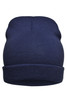 A navy blue knitted beanie with a ribbed texture and folded cuff, featuring a logo on the side.