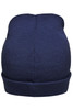 A knitted beanie in navy blue, featuring a ribbed design and a turned-up brim, with a logo present.