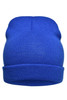 A knitted beanie in vibrant blue with a folded cuff and a smooth, textured finish. It features a logo.