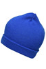 A blue knitted beanie with a rolled cuff and a rounded top, featuring a logo.