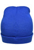 A blue knitted beanie featuring a ribbed design and a folded cuff, with a logo on the front.