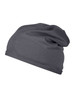 A grey beanie made from bio cotton, featuring a slouchy design and a smooth finish.