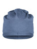 A blue bio cotton beanie with a soft, textured appearance and a snug fit. Features a logo on the fabric.