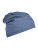 A blue beanie made from bio cotton, featuring a soft, slouchy design and a simple logo.