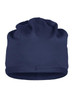 A navy blue bio cotton beanie featuring a simple and comfortable design, with a logo on the side.
