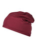 A burgundy beanie made from bio cotton, featuring a soft and slouchy design. It has a logo on it.