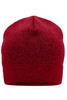 A red knitted fleece beanie with a textured design and a logo on the side.