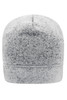A knitted fleece beanie in grey with a folded cuff and a textured finish, featuring a logo on the side.