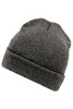 A grey beanie with a rolled cuff, featuring a textured knit design and a logo on the side.