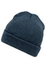 A navy blue beanie with a folded cuff, featuring a textured knit design and a branding logo.
