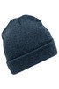 A dark blue beanie with a rolled cuff and a textured knit design. It features a logo on the side.