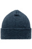 A navy beanie made from a textured knit fabric, featuring a folded cuff and a logo.