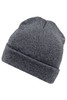 A grey beanie with a rolled cuff, made from a soft textured material, featuring a logo.