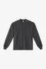 A long sleeve crewneck tee in a dark grey hue with a ribbed neckline and cuffs, featuring a logo.