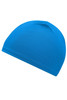A blue running beanie with a smooth, fitted design and a logo present.