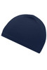 A navy running beanie with a smooth finish and a logo. Suitable for outdoor activities.