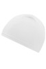 A white beanie featuring a smooth finish and a subtle logo on its side.