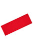 A red running headband with a simple design and a logo on one side.