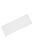 A white running headband displayed flat, featuring a logo or branding on its surface.